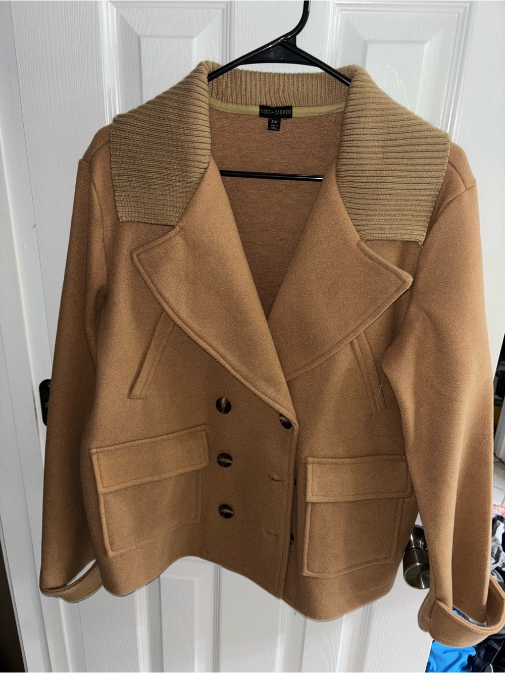 Coco + Carmen Camel Wool Blend Double-Breasted Peacoat